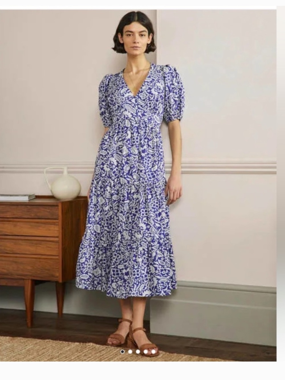 Boden Blue and White Floral Midi Dress - V-Neck Puff Sleeve, tiered midi skirt.